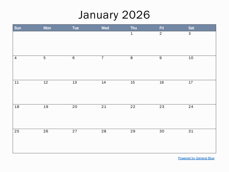 Monthly Calendar Template For January 2026