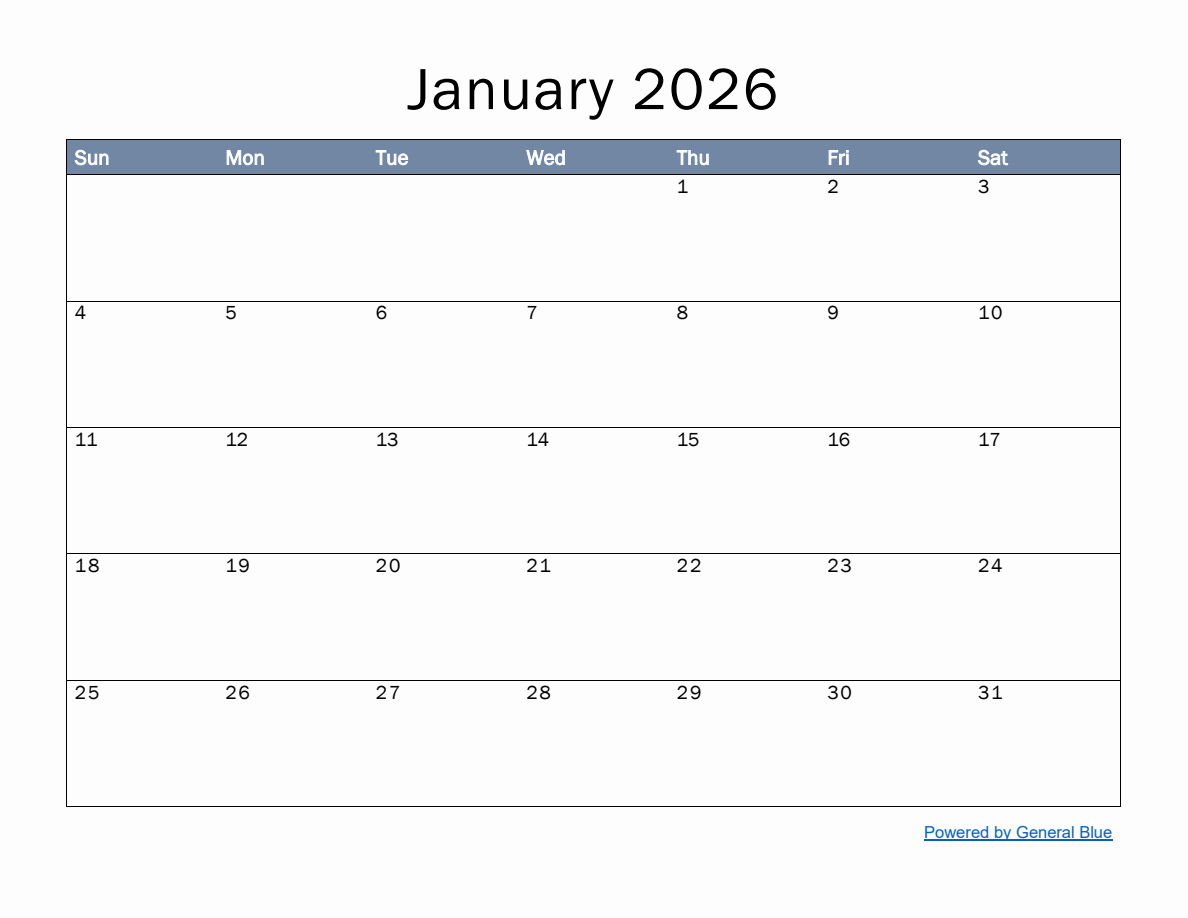 Empty January 2026 Calendar