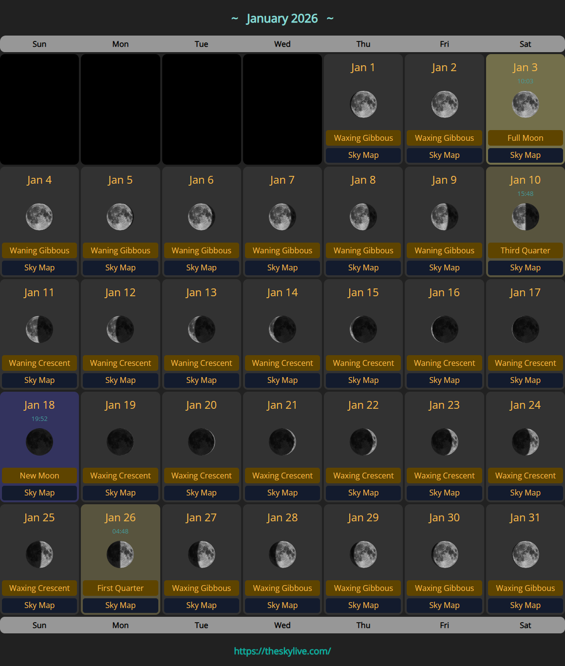 Moon Calendar January 2026 TheSkyLive
