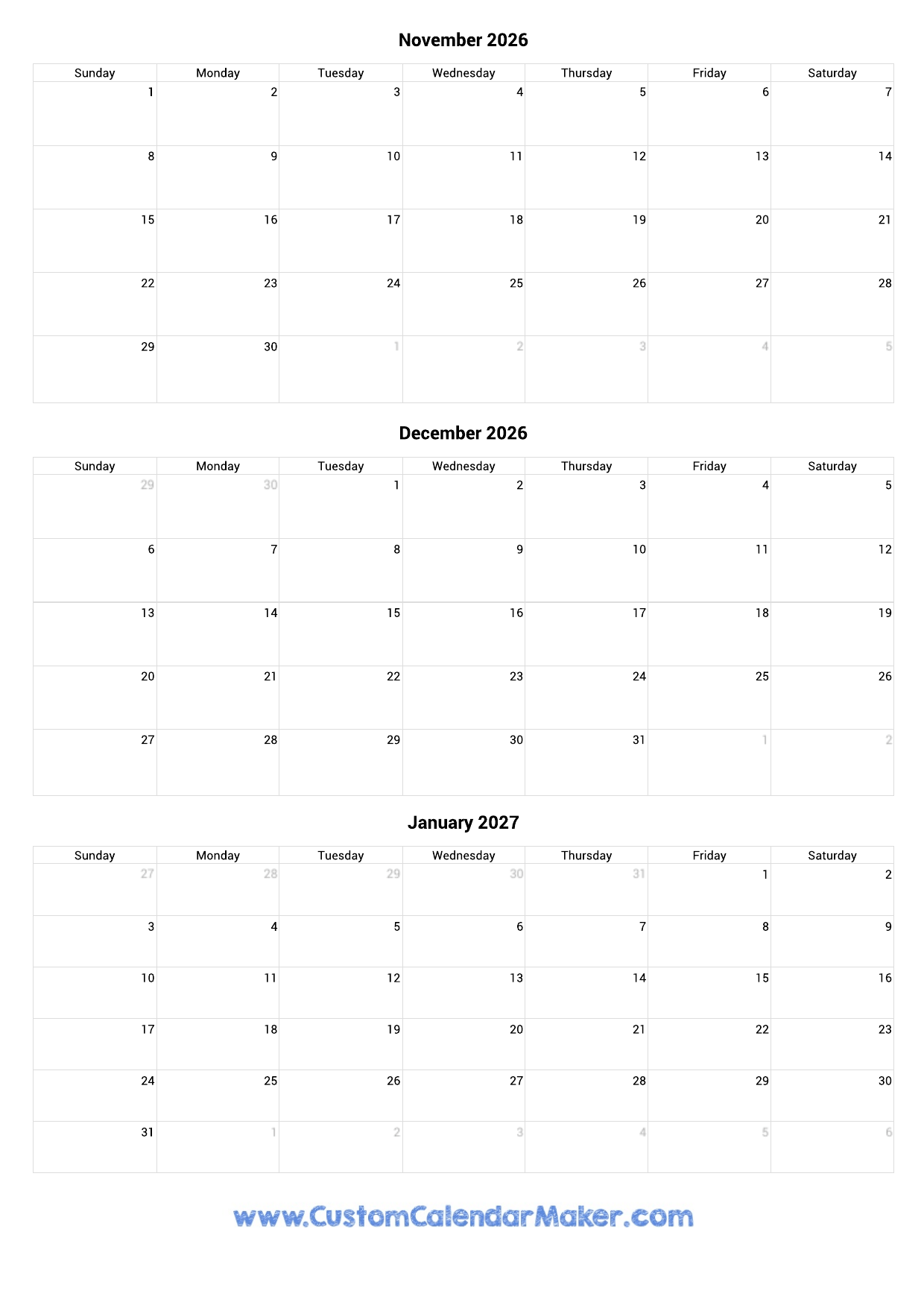 November 2026 Through January 2026 Calendar November 2026 Through January 2026 Calendar