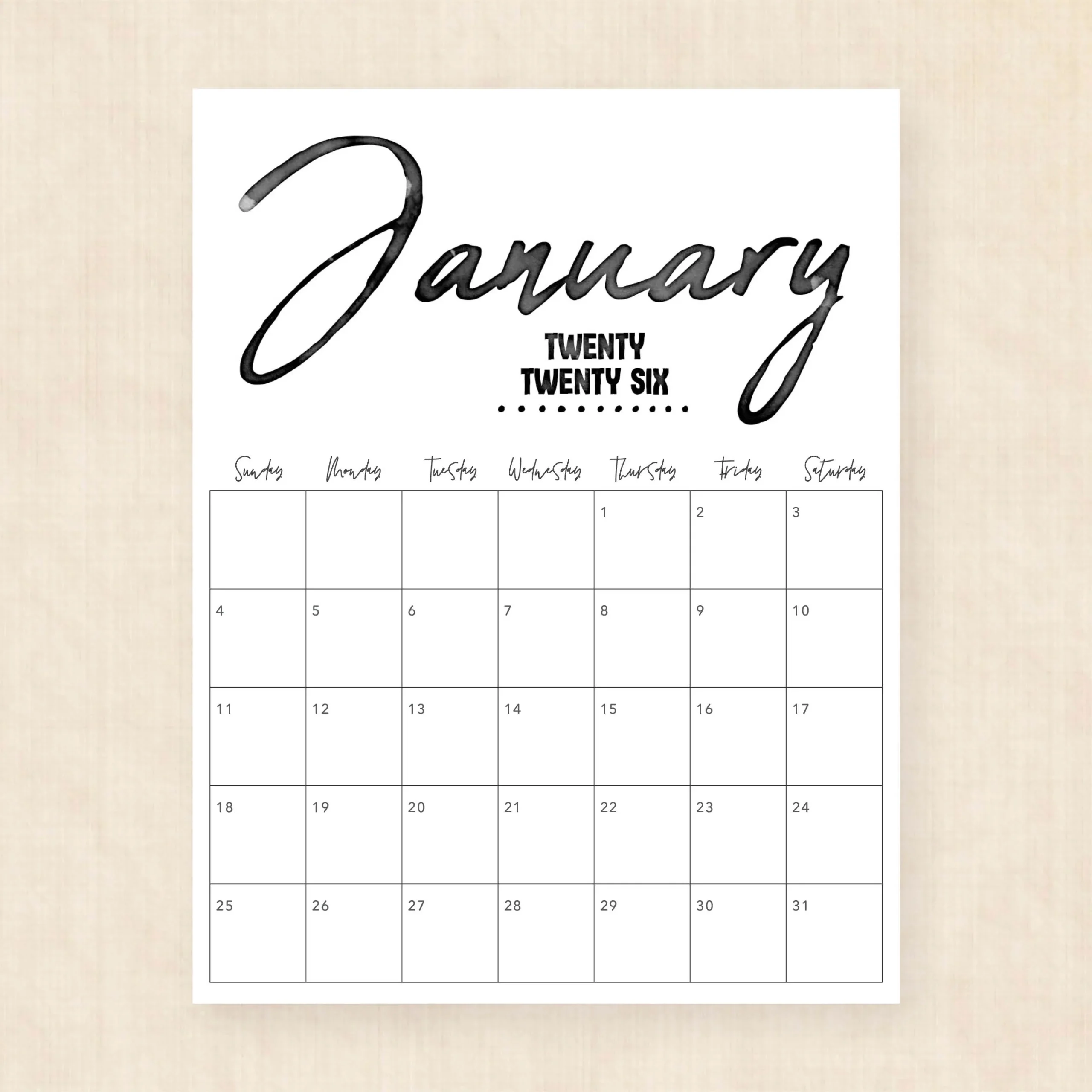 January 2026 Calendar Cursive January 2026 Calendar Cursive