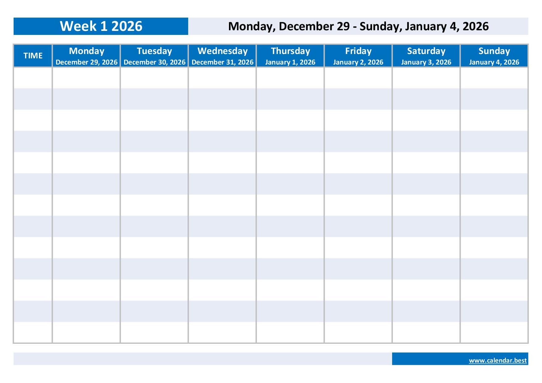 January 2026 Weekly Calendar Monday-Sunday January 2026 Weekly Calendar Monday-Sunday