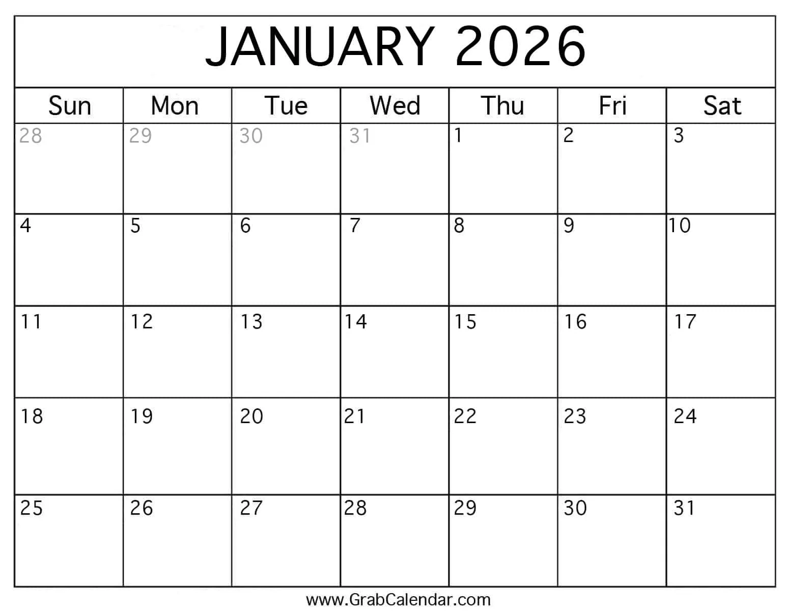 Calendar Page Of January 2026