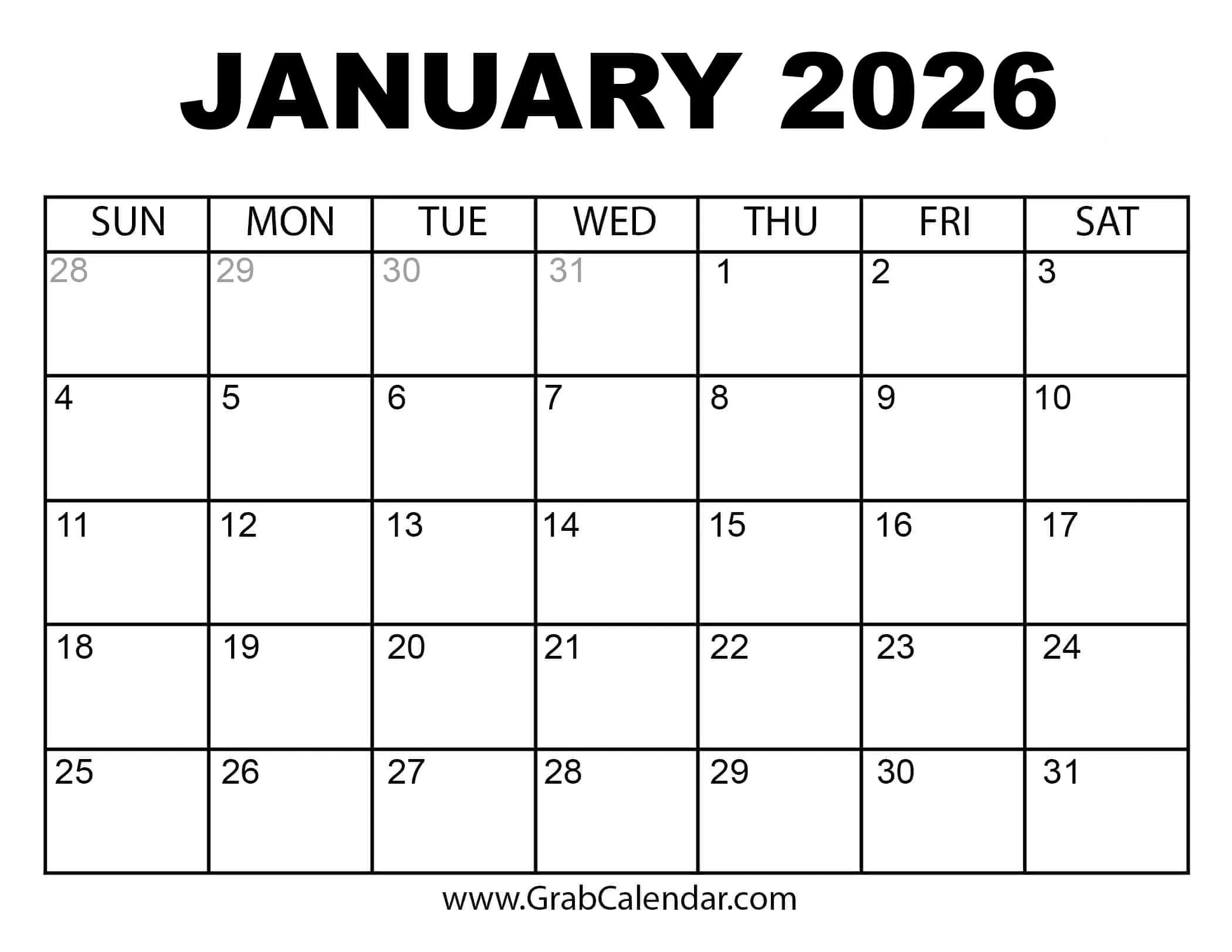 Calendar Template 2026 January