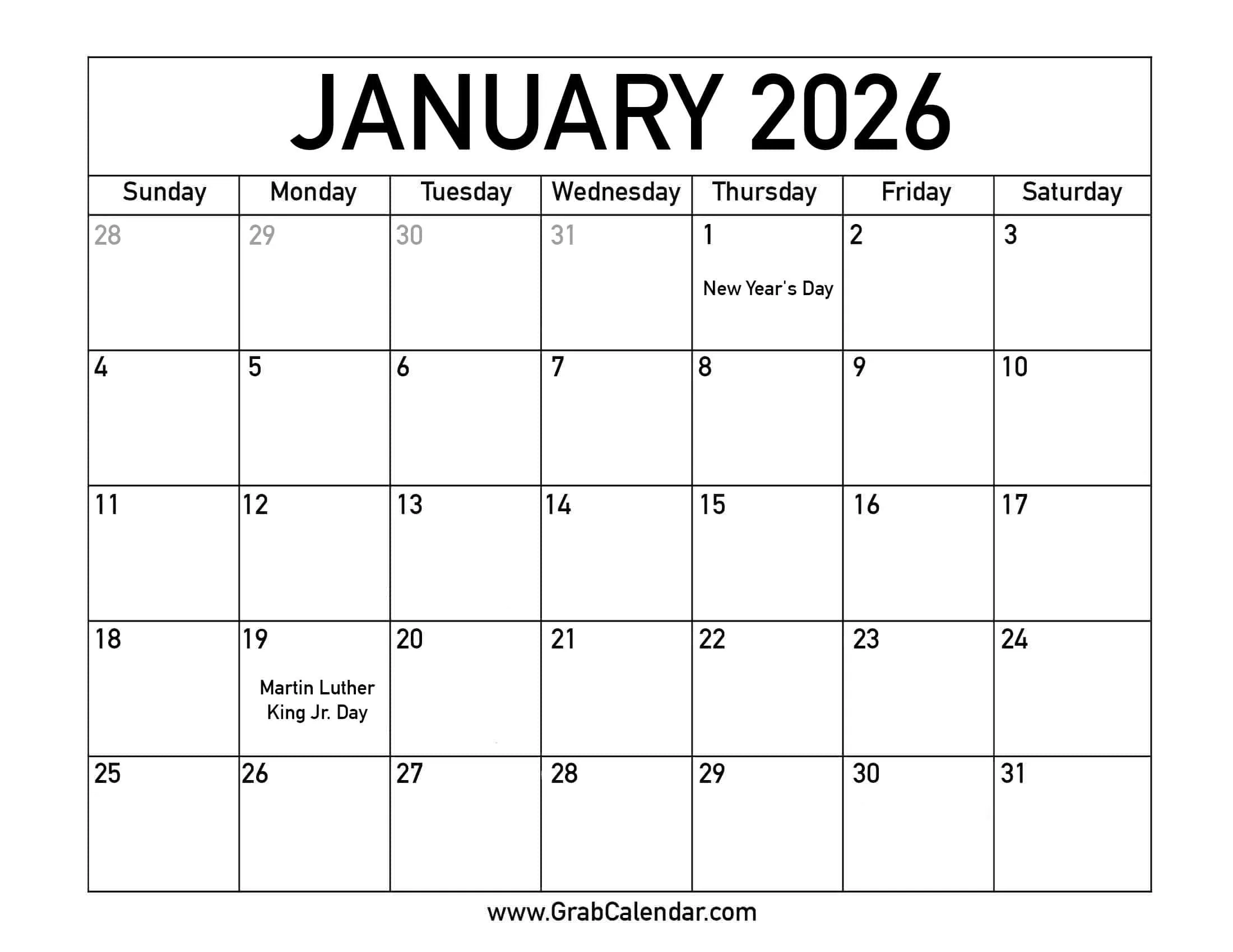 January 2026 Calendar Us Holidays