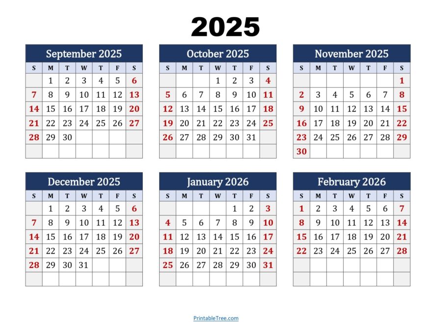 September To February 2026 Calendar Printable PDF Six Months Calendar