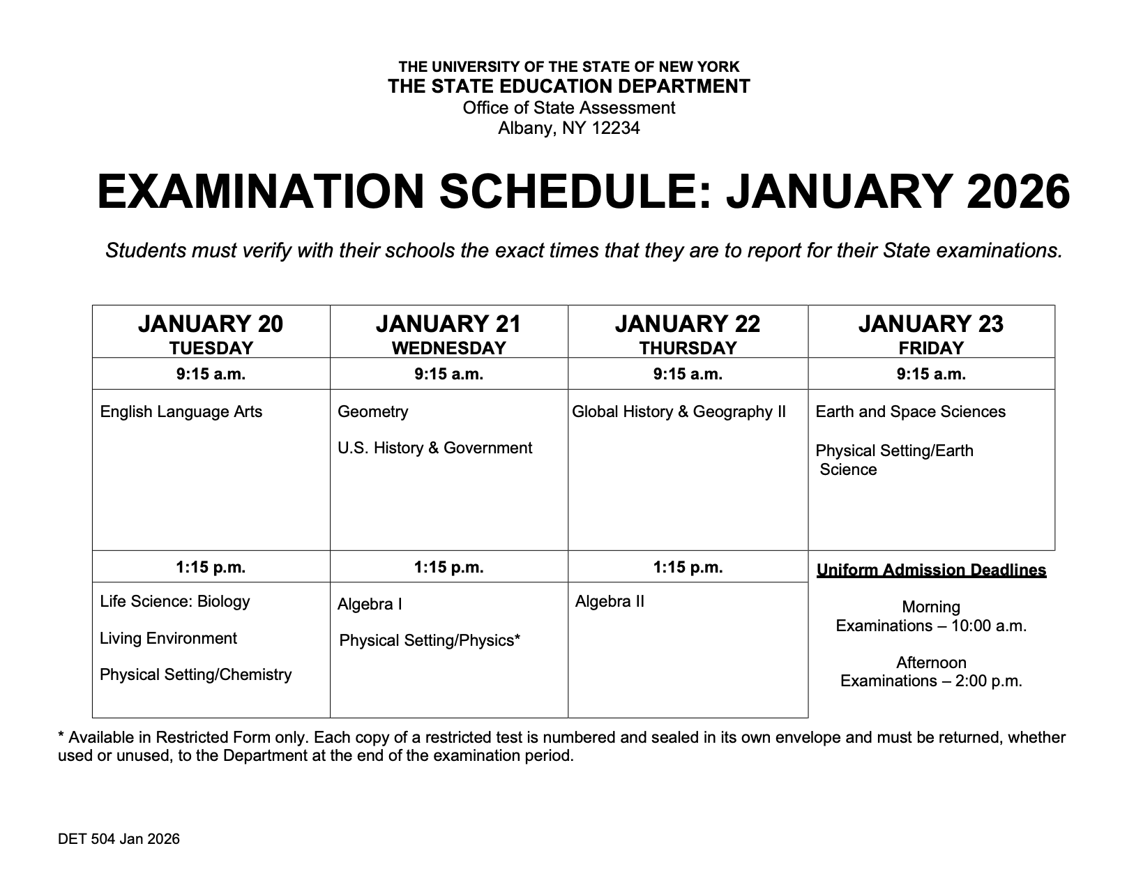 Calendar For January 2026 Regents Exams