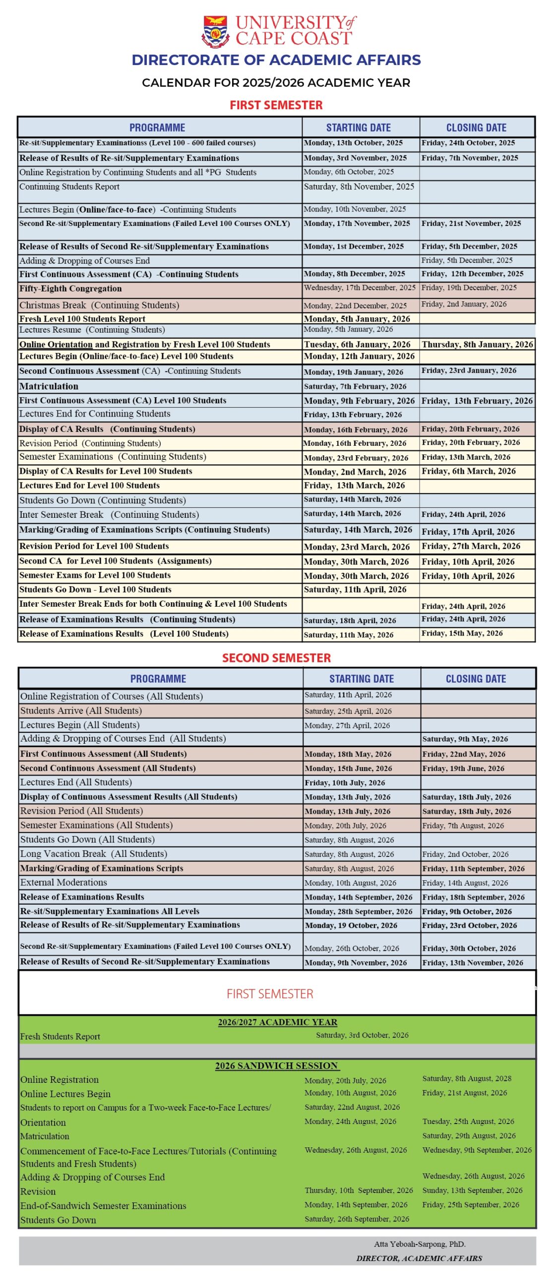 THE 2025 2026 ACADEMIC YEAR CALENDAR University Of Cape Coast THE 2025 2026 ACADEMIC YEAR CALENDAR University Of Cape Coast