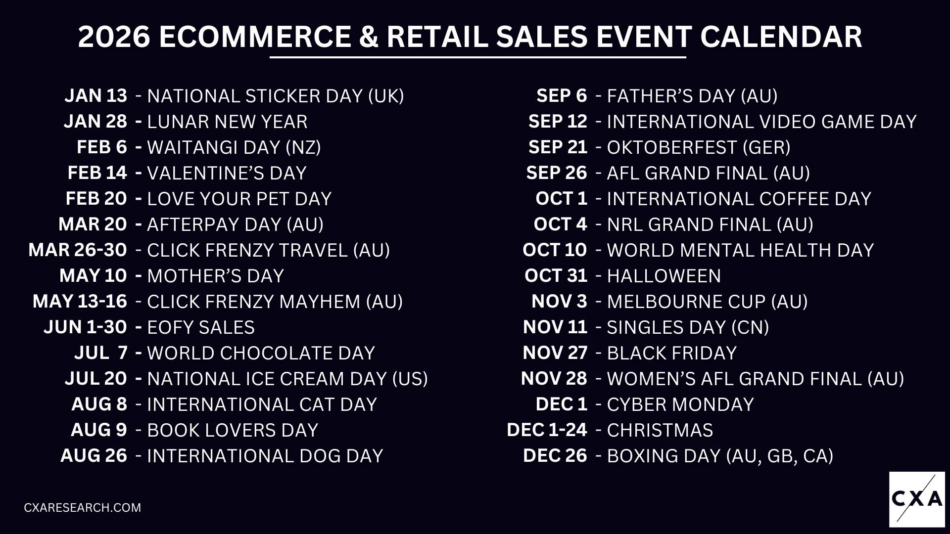 The Ultimate 2026 Sales Event Calendar For Ecommerce And Retailers CXA Research The Ultimate 2026 Sales Event Calendar For Ecommerce And Retailers CXA Research