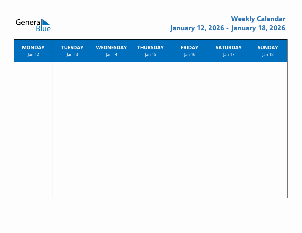 January 2026 Weekly Calendar Monday-Through January 2026 Weekly Calendar Monday-Through